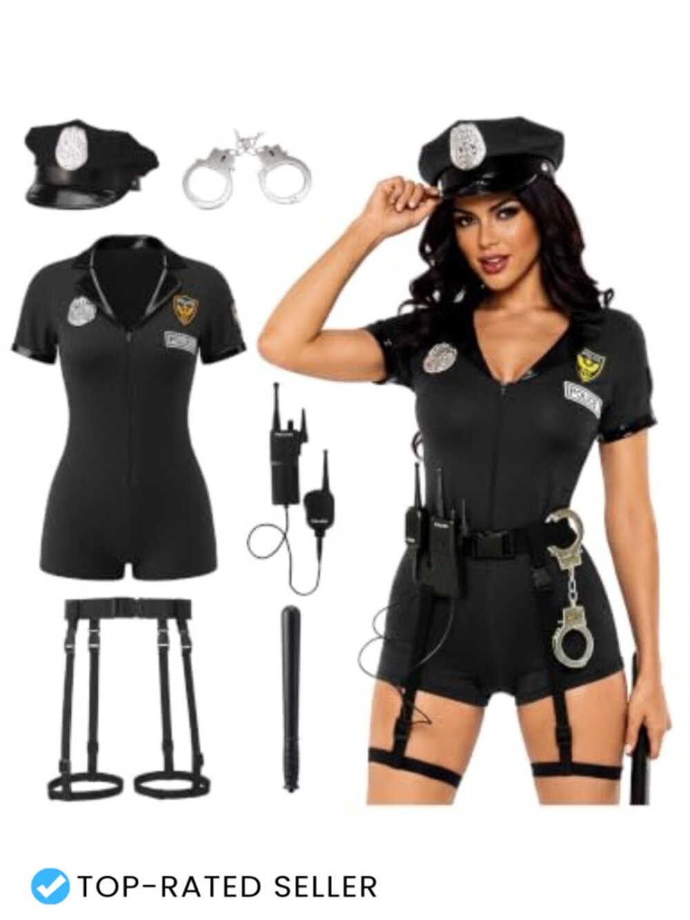 6 Pc Women Police Costume Romper Cop Halloween Cosplay Set